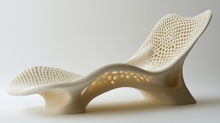 Modern sculptural lounge chair showcasing innovative design and intricate patterns, minimalistic