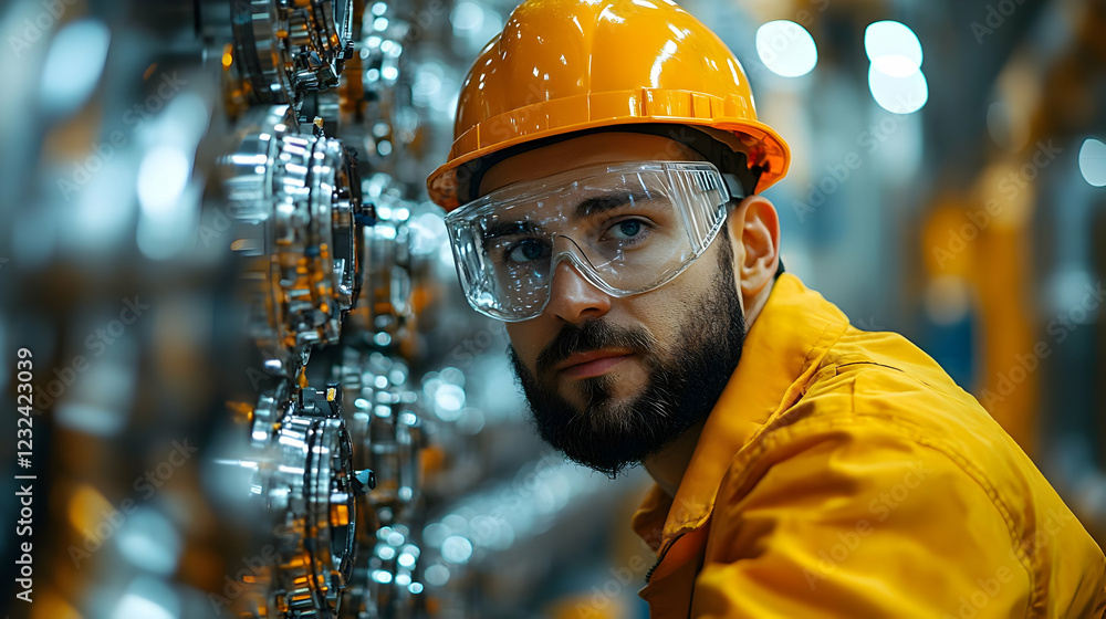 Poster industrial worker inspects complex machinery in factory setting with precision and focus