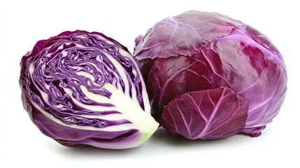 Obraz premium Red cabbages, whole and cut, isolated, white background.