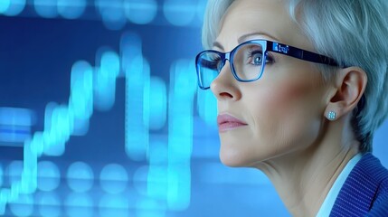 Woman with glasses analyzing stock chart, investment analysis, financial trends and market data insights