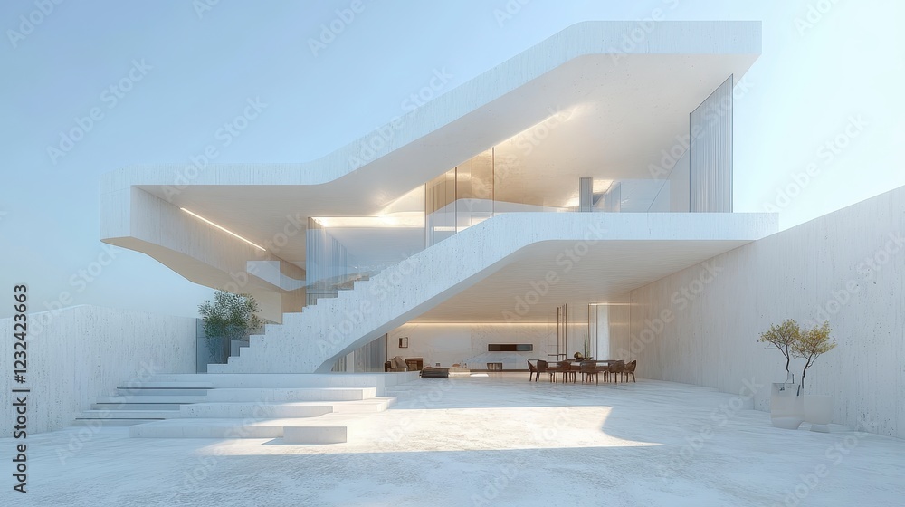 Poster modern white minimalist house design with angular architecture, featuring a spacious open plan inter