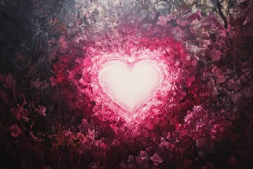 Heart shape glows pink in floral dark paint.