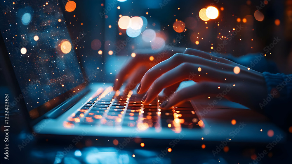 Poster hands typing on laptop keyboard with glowing particles and bokeh lights effect at night