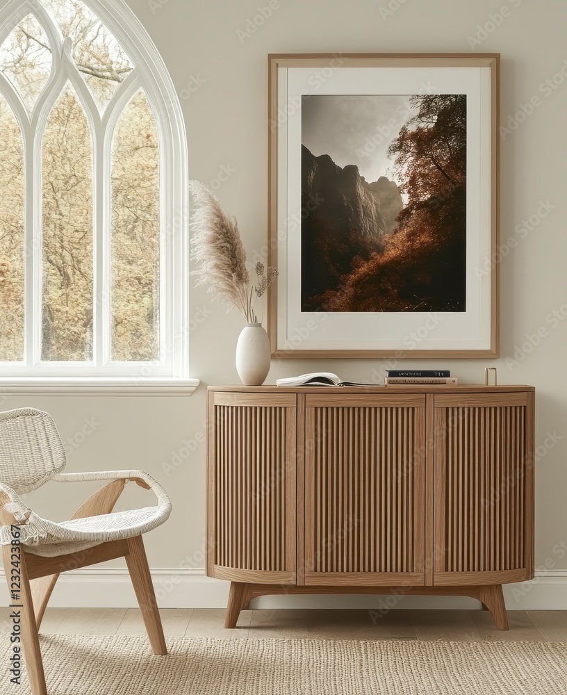 Wall mural Moody autumnal landscape photograph in a light beige room setting. The framed print features a misty mountain scene with dark brown and orange