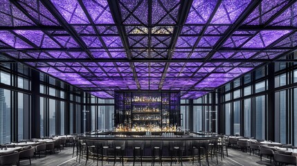 Purple-lit Rooftop Bar, City View, Night, Luxury Interior