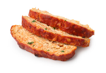 Slices of Delicious baked turkey meatloaf isolated on white
