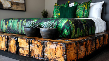 A stylish bedroom featuring a bold green and wood-themed bedspread, accented with decorative pillows and potted plants on a unique wooden platform.