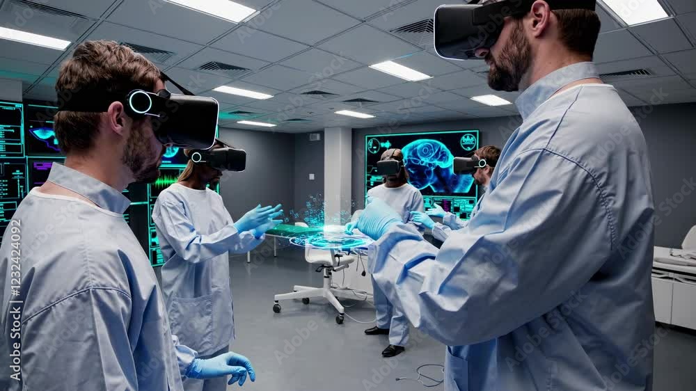 Poster exploring advanced healthcare training with futuristic virtual reality in a high-tech lab environmen