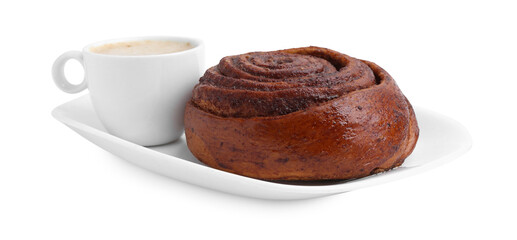 Delicious cinnamon roll and cup of coffee isolated on white