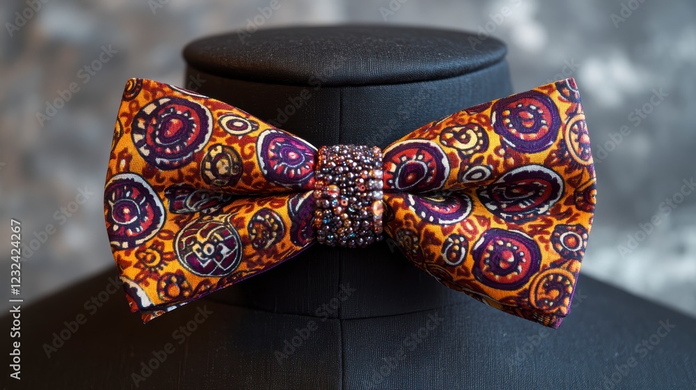 Aufkleber close up of a multicolored patterned bow tie displayed on a dark mannequin. the bow tie features swi