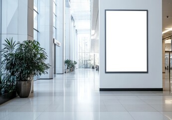 Blank billboard mockup in modern building hallway.