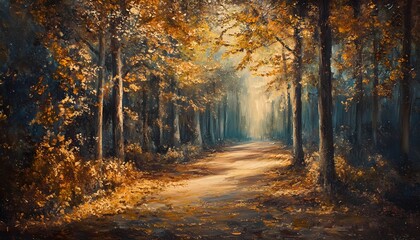 Fototapeta premium Autumnal Forest Path Golden Light Through Trees