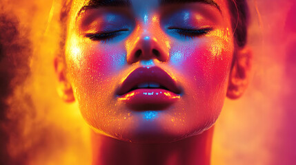 Woman with colorful makeup poses with closed eyes in a vibrant, smoky atmosphere.