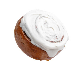 Tasty cinnamon roll with cream isolated on white