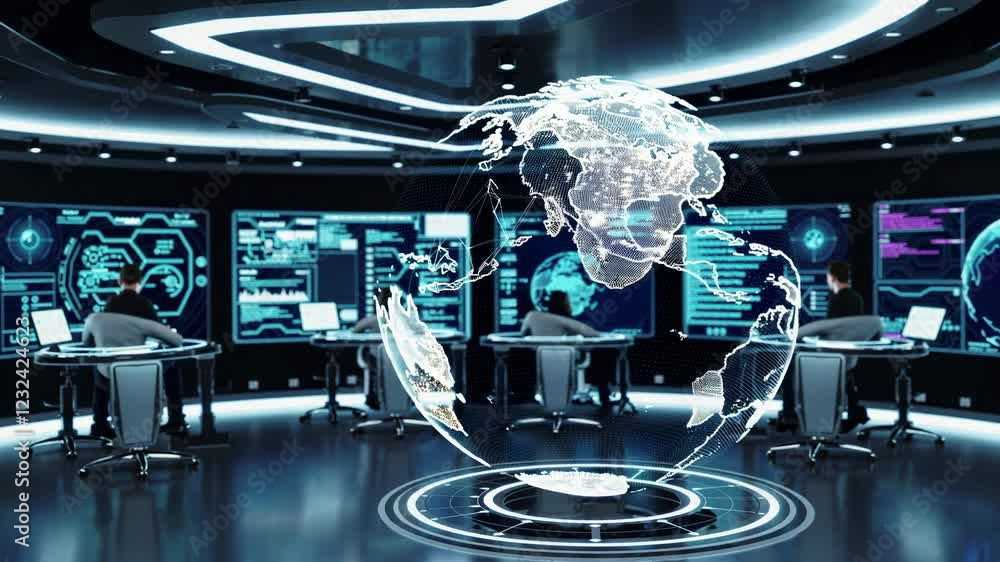 Poster advanced control room with holographic displays and futuristic technology in a high-tech environment