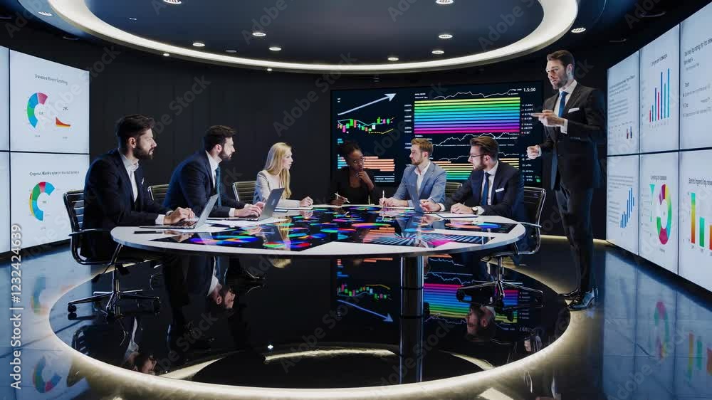 Poster High-tech meeting with data analysis in a futuristic conference room setting featuring holographic presentations