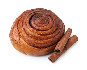 Tasty cinnamon roll and sticks isolated on white