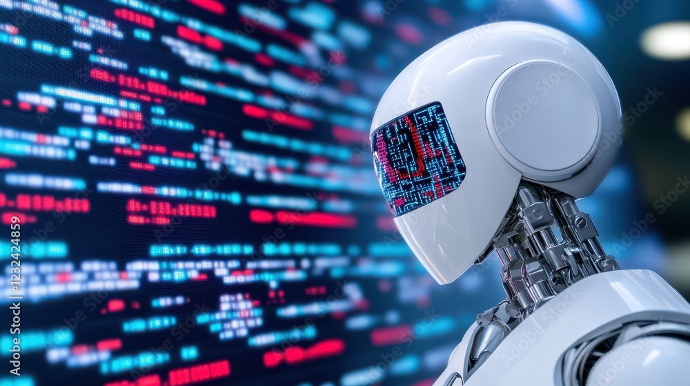 Poster futuristic robot face with red and blue screen display, a glimpse into the world of artificial intel