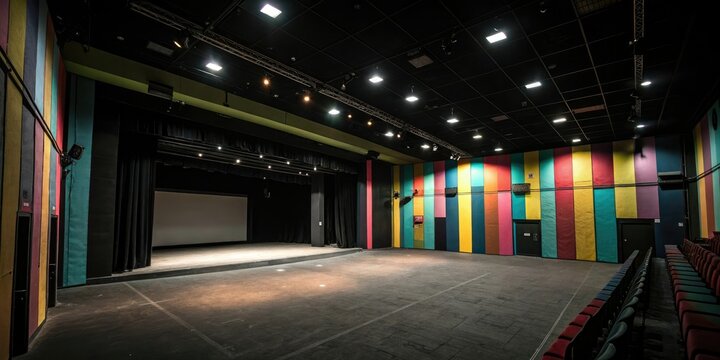 Dark and empty interior with colorful accents, eclectic style, colorful accents, modern decor, bold color scheme