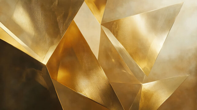 A visually compelling abstract scene with gold-toned angular surfaces intersecting at various depths