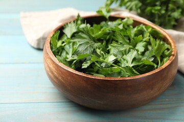 Fresh parsley leaves in bowl on light blue wooden table, closeup