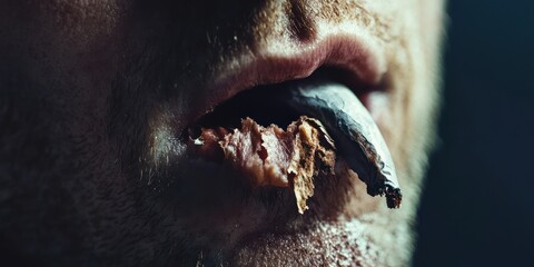 Close-up of man's mouth, chewing tobacco, dark background.  Website banner