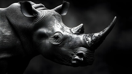 Obraz premium A Rhino Poses Majestically in Dramatic Black and White Photography with Dark Background