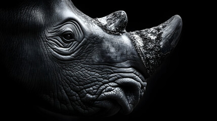 Obraz premium Close-up of a Rhinoceros Face Shows Detailed Skin Texture in Black and White Photography