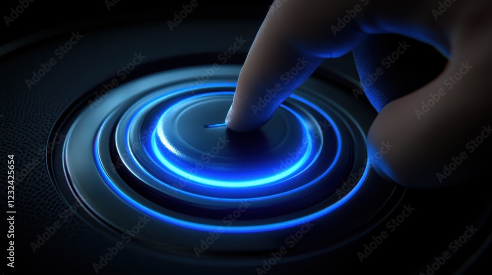 Poster hand activating blue button, a symbol of technological control, interface interaction and modern use