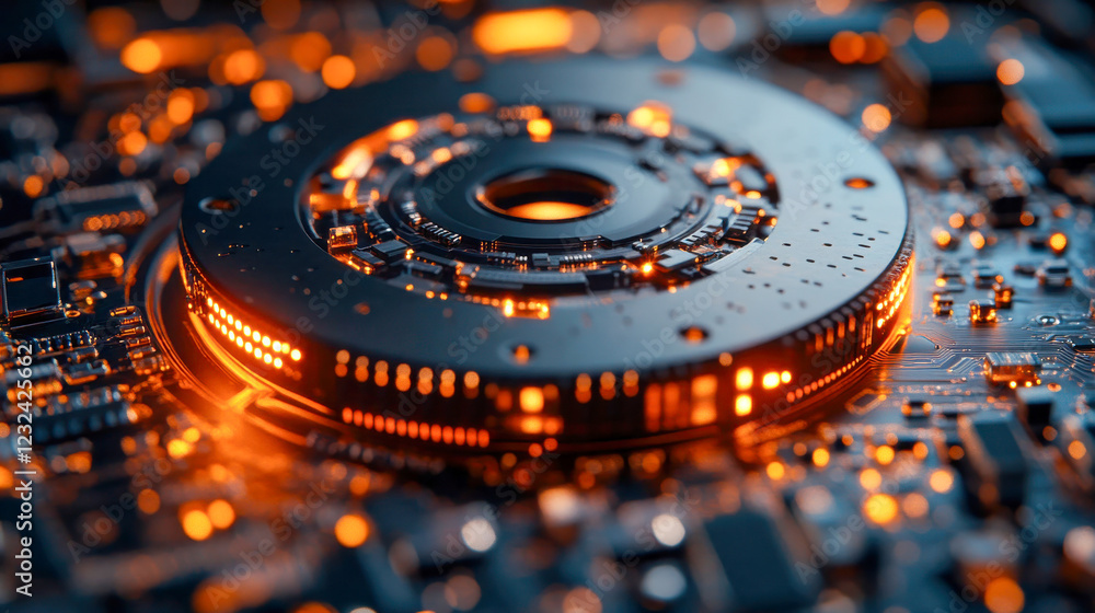 Poster a futuristic, illuminated hard drive or data storage component with glowing circuit elements