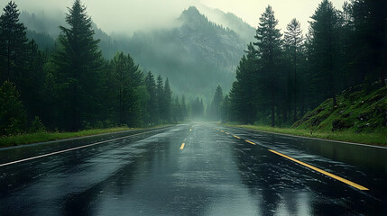 Fototapeta premium Wet asphalt road winds through a misty forest during a rainy day, creating a serene and moody atmosphere.