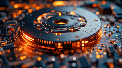 A futuristic, illuminated hard drive or data storage component with glowing circuit elements