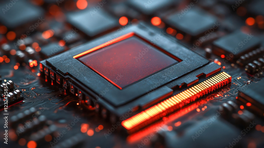 Poster a close-up of a high-tech microchip with red glowing accents on a circuit board, highlighting cuttin