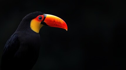 Fototapeta premium A striking profile of a toucan showcasing its vibrant beak and dark plumage against a contrasting background.
