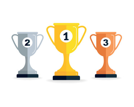 Set of three different color trophy cups with positions flat vector design on white background. trophy for 1st - 2nd - 3rd place. first place winner, contest winner