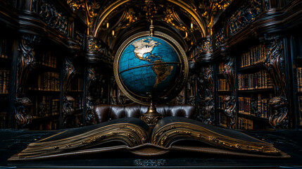 Fototapeta premium A grand library scene featuring an ornate globe and a large open book, surrounded by intricate wooden shelves filled with books.