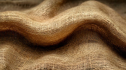 Fototapeta premium Close-up of textured burlap fabric draped and folded with soft, warm lighting, showcasing its weave and fibers.