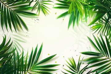 Fototapeta premium Tropical palm leaves creating a refreshing border on a white background with golden glitter, perfect for summer or nature themed designs