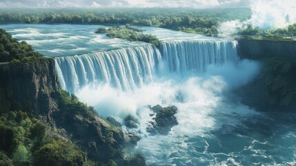 Fototapeta premium Majestic waterfall cascading, lush greenery, sunny day, travel background