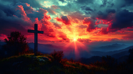 Fototapeta premium A cross is lit up in the sky above a mountain. The sun is setting, casting a warm glow over the scene. Concept of peace and spirituality, as the cross is a symbol of faith