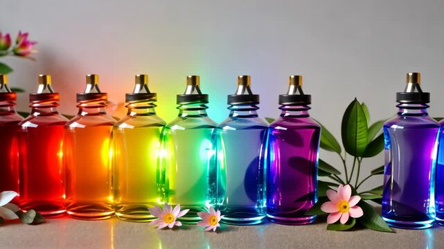 A row of colorful bottles with a rainbow of colors. The bottles are lined up next to each other