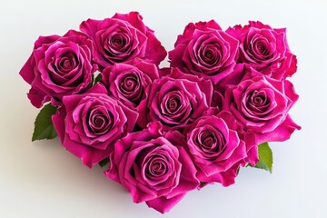 Beautiful heart-shaped cluster of bright pink roses arranged neatly on a smooth white background, showcasing vivid colors and intricate petals.