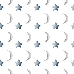Whimsical watercolor pattern featuring stars and moons for baby themes
