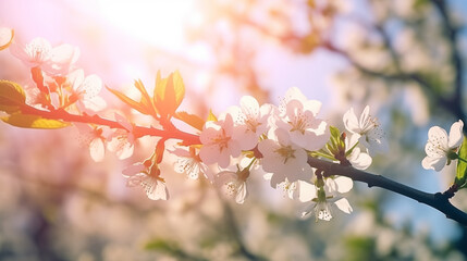 Obraz premium spring blossom background blooming tree branches sun rays sunny day nature freshness