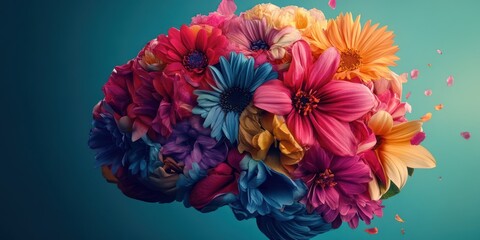 Obraz premium Colorful flowers shaped like a brain, teal background. Mental health concept