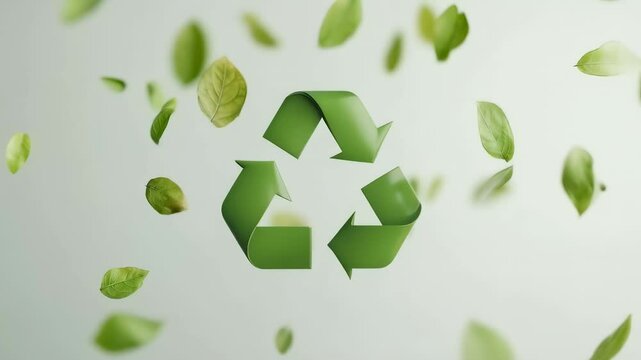 Green recycle symbol with falling leaves isolated on a white background represents environmental conservation and waste management practices
