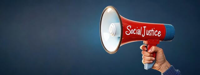 Hand-Held Megaphone with Social Justice Message Against a Deep Blue Background, Symbolizing Advocacy, Activism, and Community Engagement for Social Change and Equity