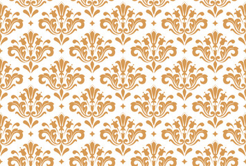 Floral pattern. Seamless vector background. Vintage wallpaper in the Baroque style. White and golden ornament for fabric, wallpaper, packaging. Ornate Damask flower illustration