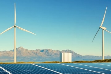 Solar panels and wind turbines in a desert landscape under a clear blue sky