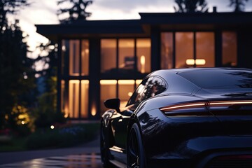 Luxury Car in Front of Modern House at Dusk